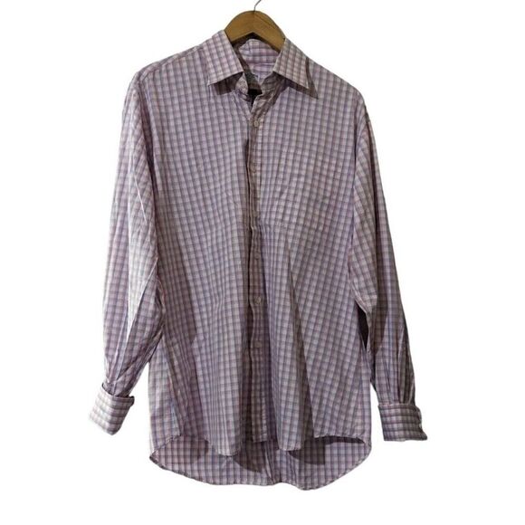 Paul Chang Custom Tailor Button Down Dress Shirt Men's Gingham Plaid Pink Blue B - Picture 1 of 3